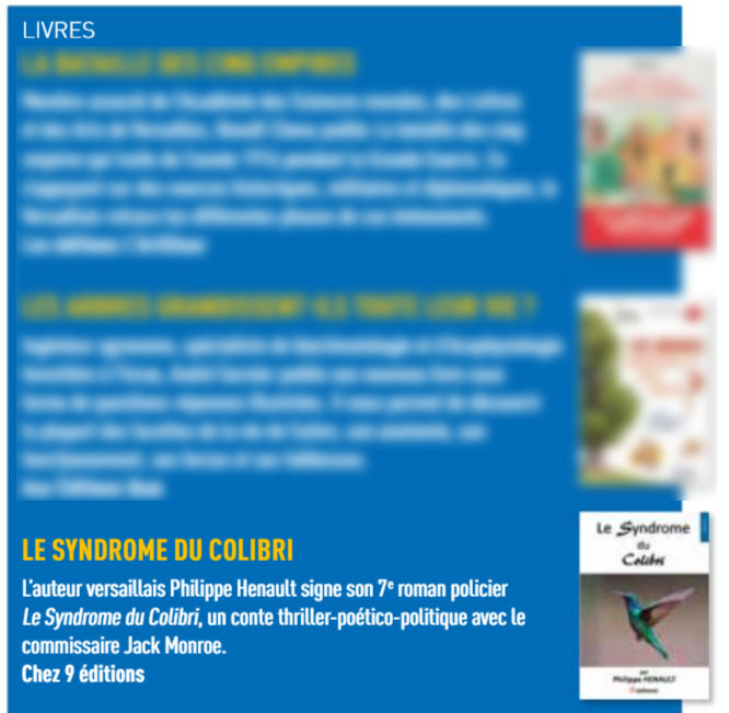 Article du Versailles Magazine pour la sortie littéraire du roman Le syndrome du Colibri de Philippe  Hénault 